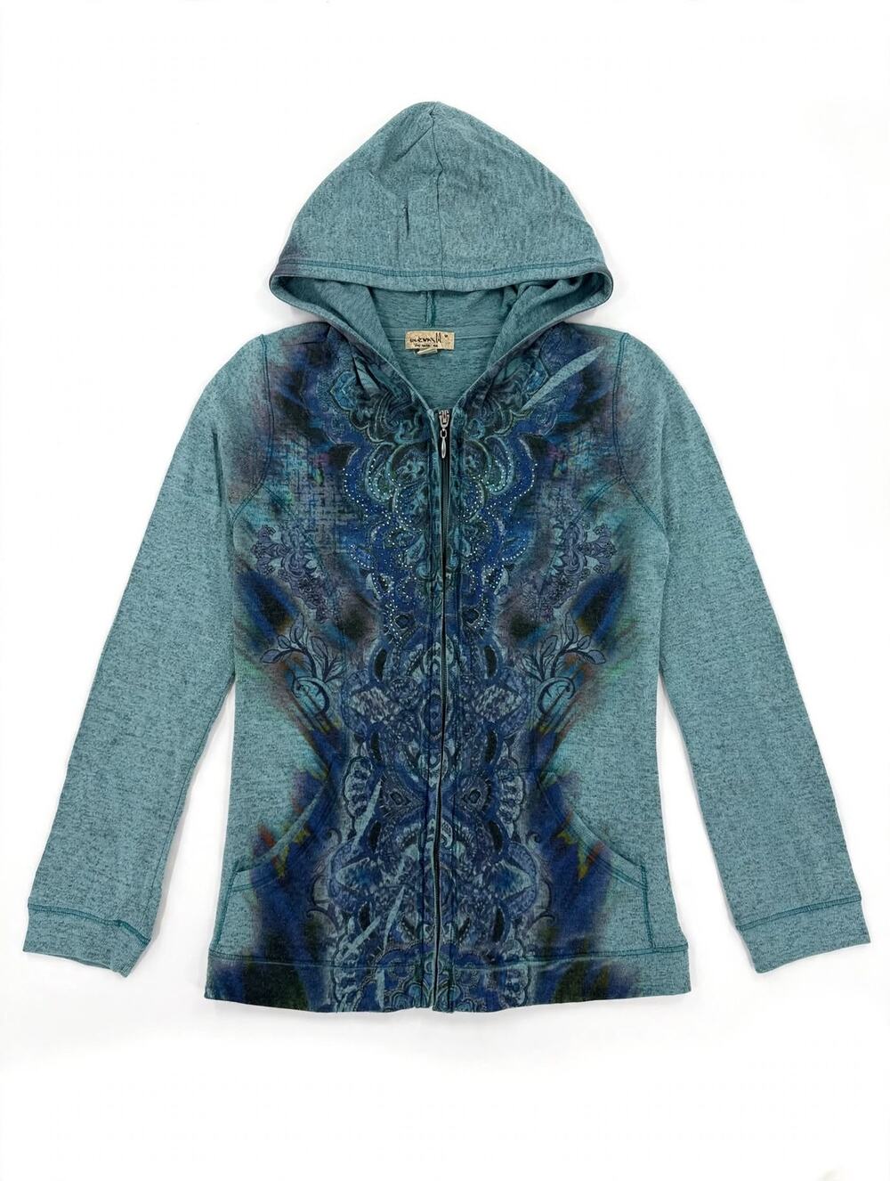 Oneworld Live and Let Live Y2K Zip Hoodie Womens M Teal Blue Paisley Rhinestone